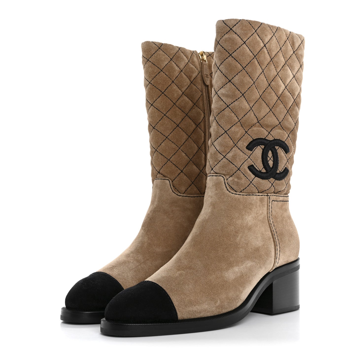 Suede Quilted CC High Boots 38 Dark Beige Black