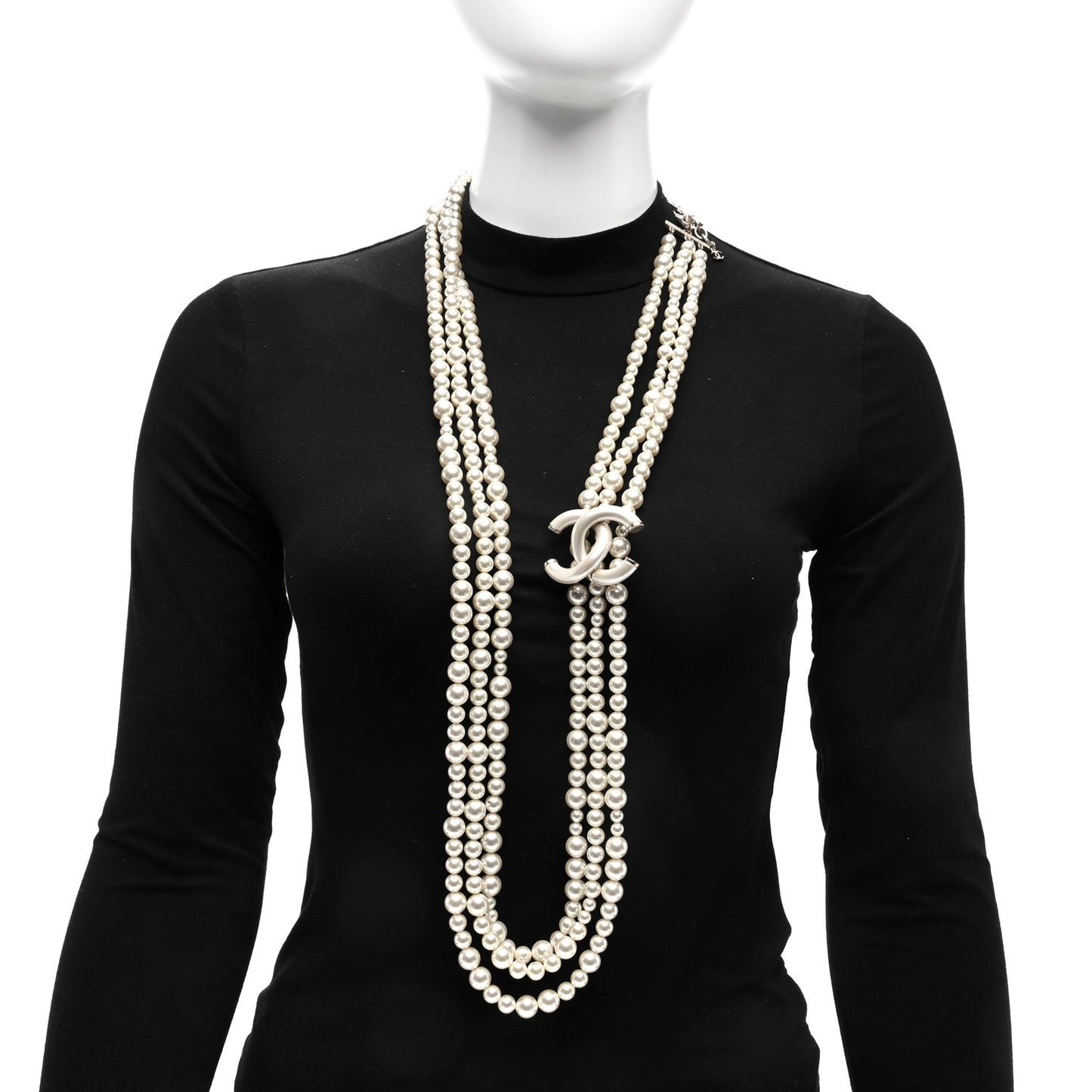 Graduated Pearl Studded CC Multi Strand Long Necklace Gold