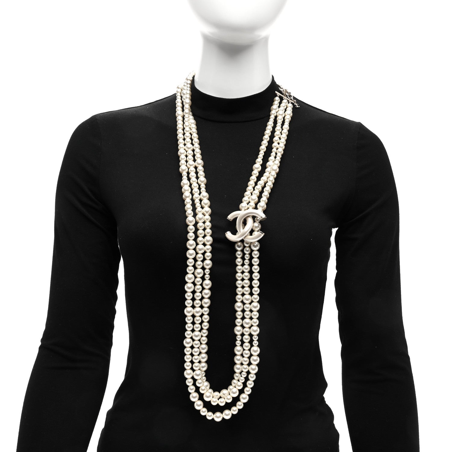 Chanel Graduated Pearl Studded CC Multi Strand Long Necklace Gold 2 of 4