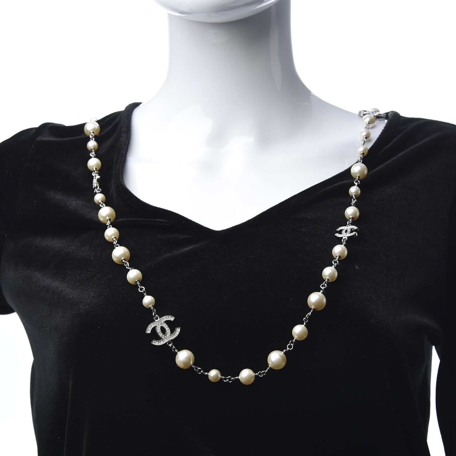 Chanel Crystal Pearl CC Long Necklace Light Grey 2 of 5