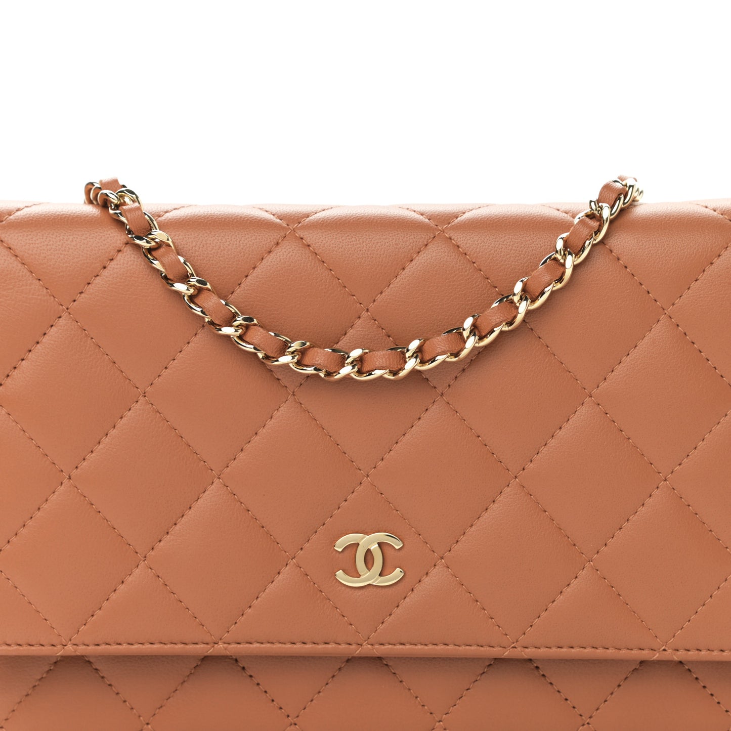 Lambskin Quilted Wallet on Chain WOC Dark Beige