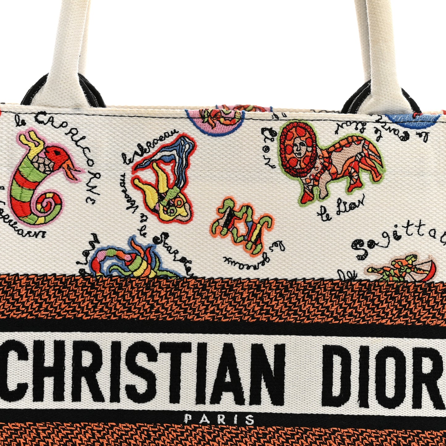 Canvas Embroidered Dragon Zodiac Medium Book Tote White Multicolor