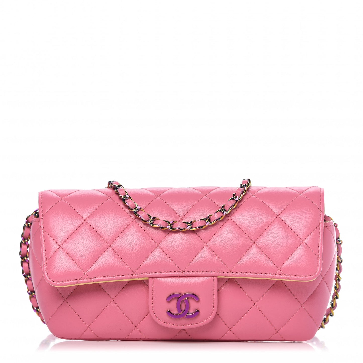 Lambskin Quilted Glasses Case With Chain Pink Yellow
