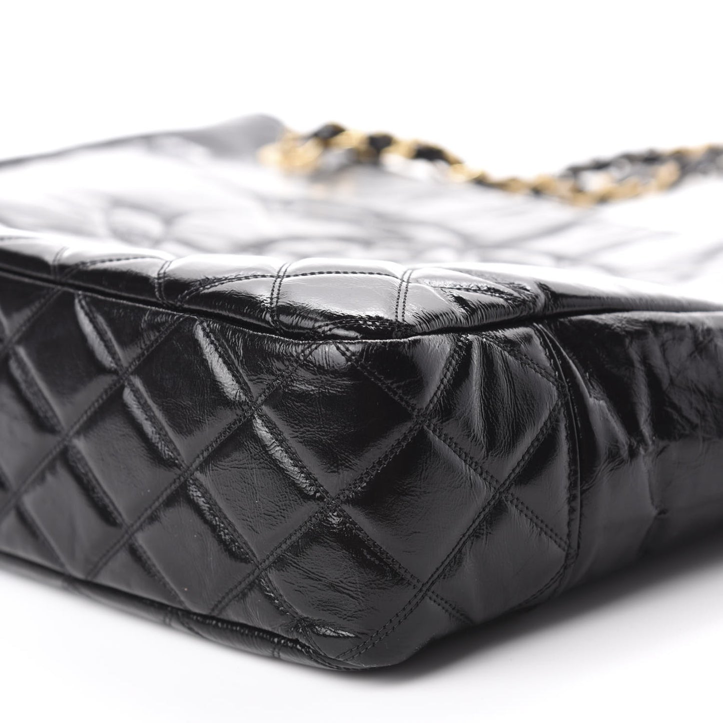 Shiny Aged Calfskin Quilted Small Shopping Bag Black