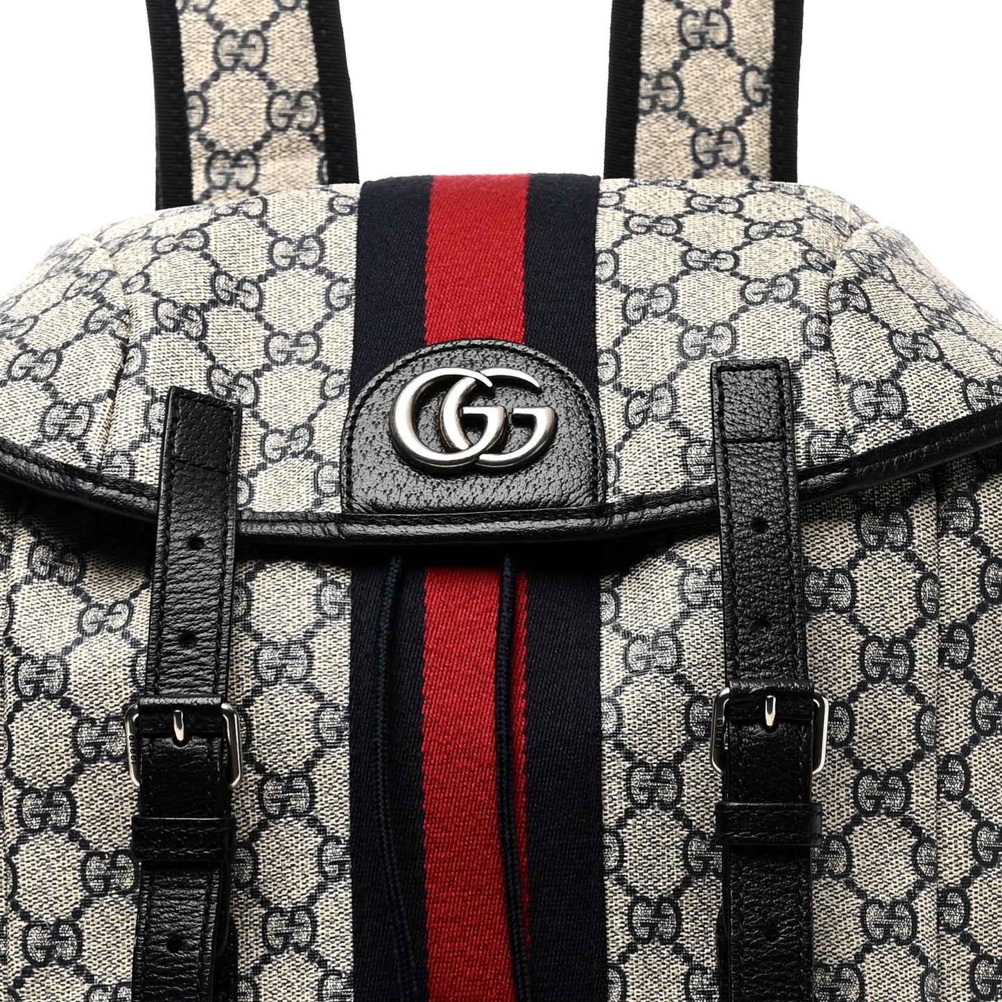 GG Supreme Monogram Medium Ophidia Double Buckle Backpack Beige Blue Black