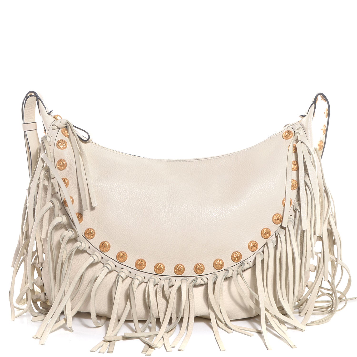 Valentino Garavani Grained Calfskin C-Rockee Fringe Hobo Light Ivory 1 of 9