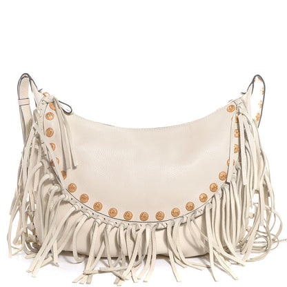 Valentino Garavani Grained Calfskin C-Rockee Fringe Hobo Light Ivory 1 of 9