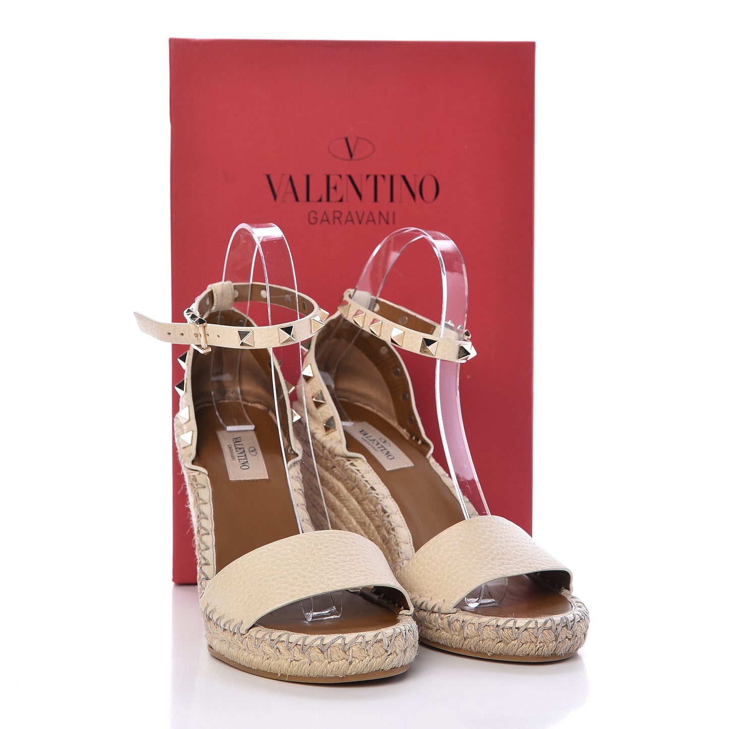 Grained Calfskin Rockstud Ankle Strap Espadrille 15/105mm Wedge Sandals 36 Light Ivory Natural
