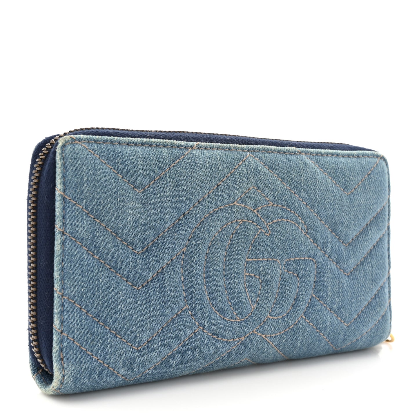 Denim Matelasse Pearly GG Marmont Zip Around Wallet Blue