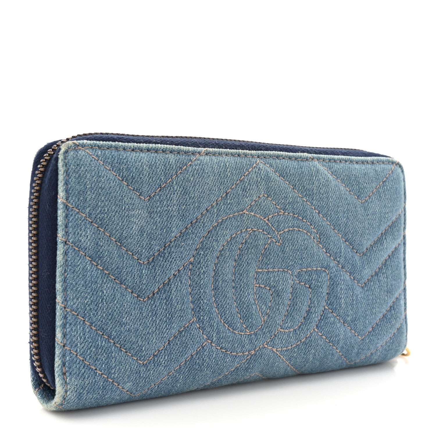 Gucci Denim Matelasse Pearly GG Marmont Zip Around Wallet Blue 3 of 12