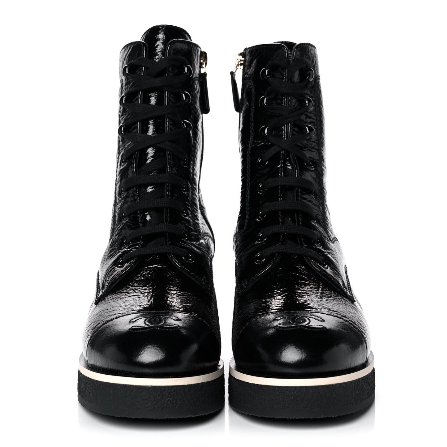 Shiny Crumpled Lambskin Lace Up Combat Boots 39.5 Black
