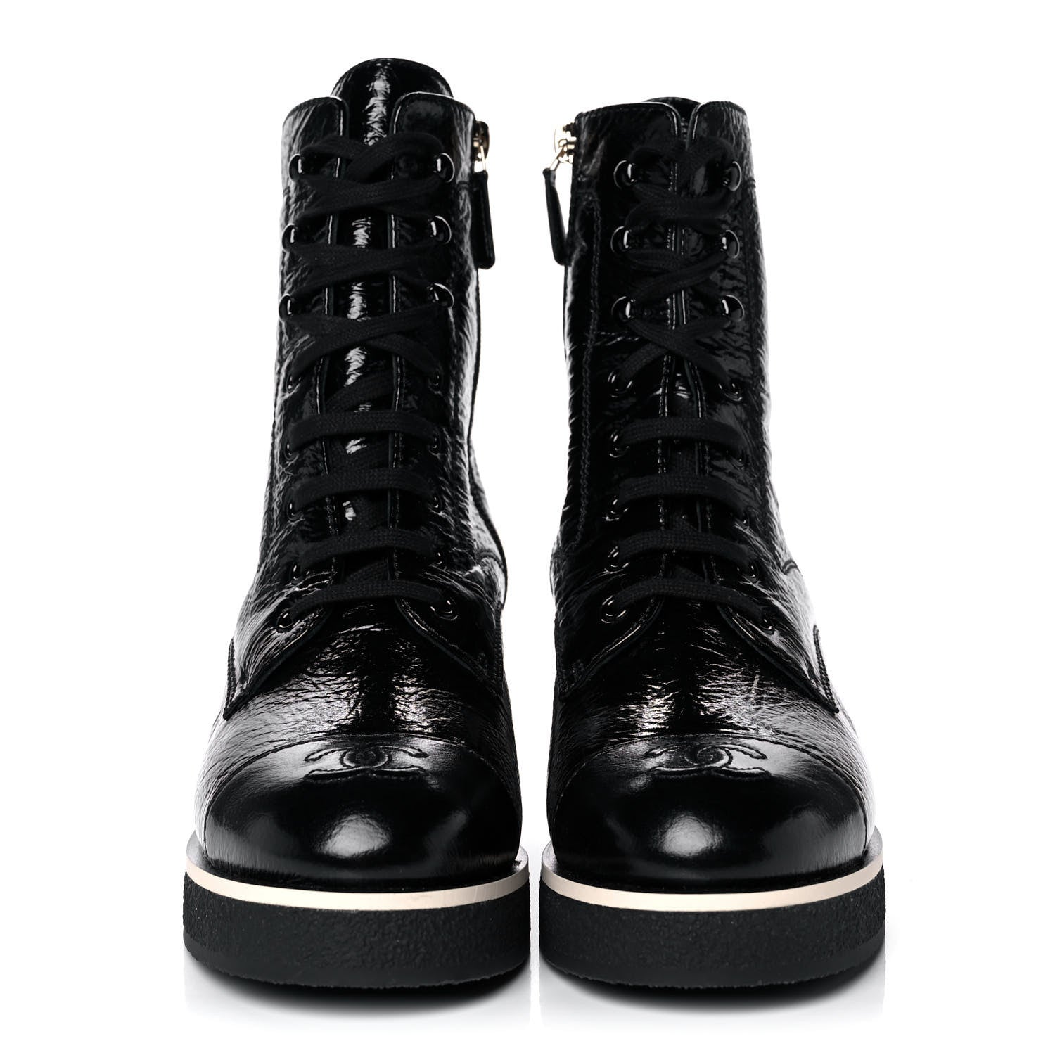 Chanel Shiny Crumpled Lambskin Lace Up Combat Boots 39.5 Black 2 of 10
