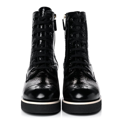 Chanel Shiny Crumpled Lambskin Lace Up Combat Boots 39.5 Black 2 of 10