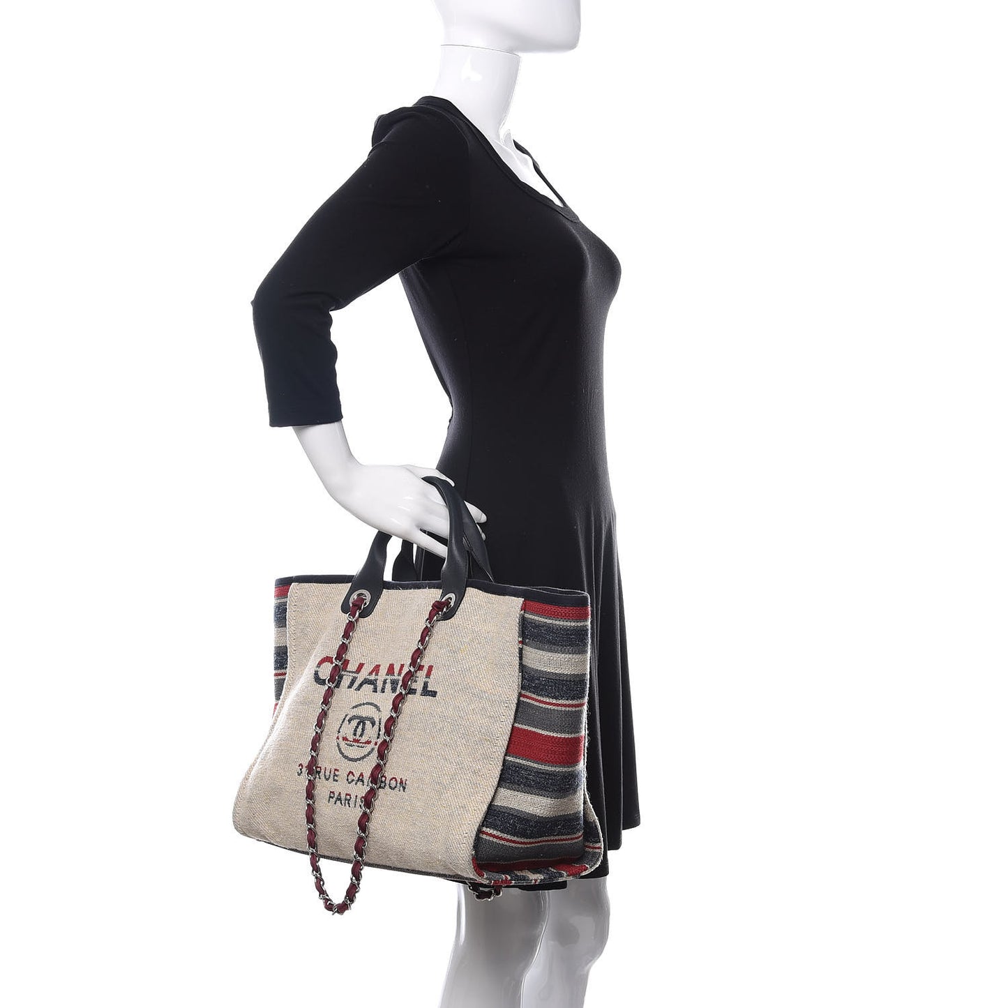 Striped Canvas Medium Deauville Tote Beige