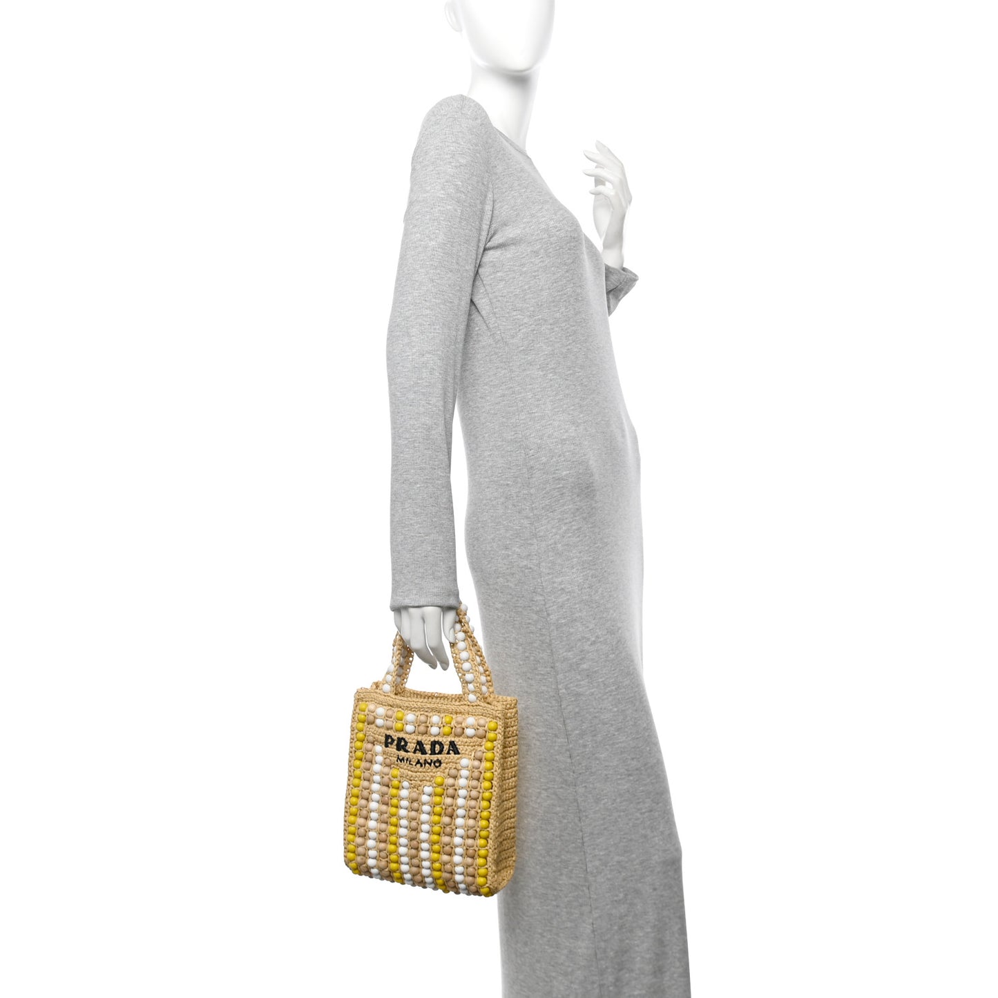 Raffia Wood Bead Embroidered Logo Tote Bag Naturale