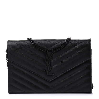 Saint Laurent Grain De Poudre Matelasse Chevron Monogram Chain Wallet Black 1 of 13