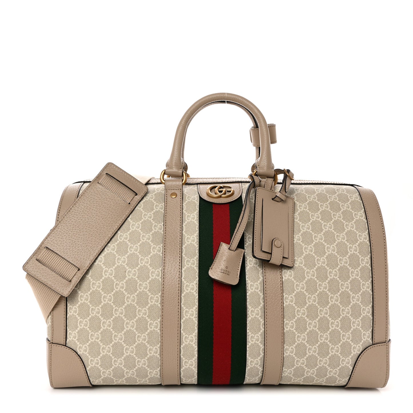 GG Supreme Monogram Textured Dollar Calfskin Web Medium Savoy Duffle Bag Beige Mystic White Oatmeal