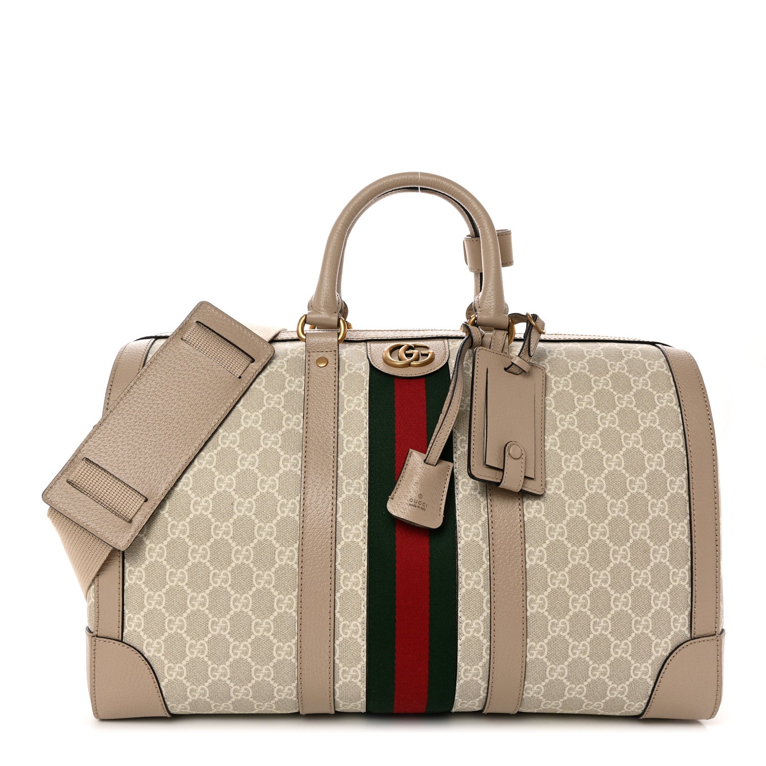 Gucci GG Supreme Monogram Textured Dollar Calfskin Web Medium Savoy Duffle Bag Beige Mystic White Oatmeal 1 of 10