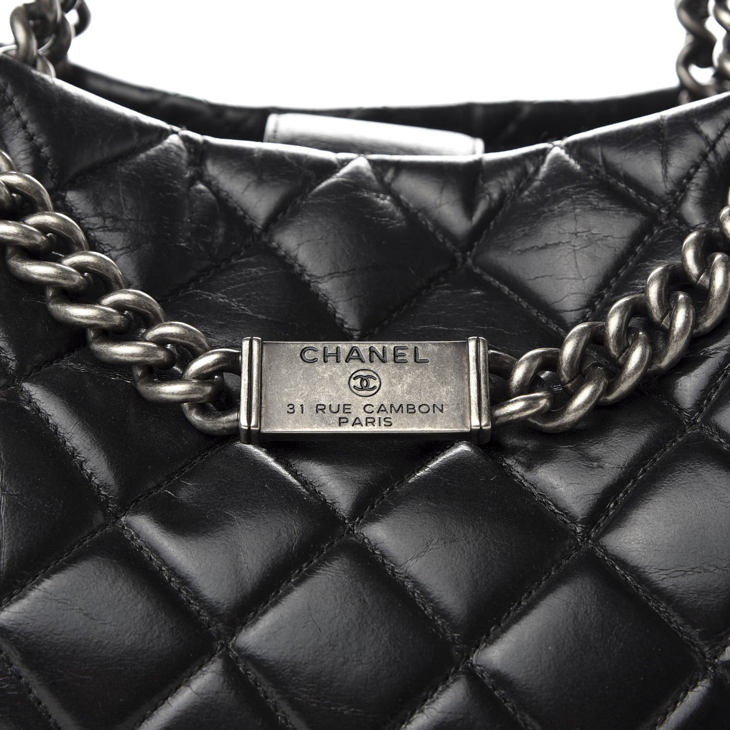 Glazed Calfskin Quilted Large Nameplate Shopping Tote Black