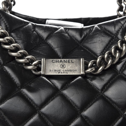 Chanel Glazed Calfskin Quilted Large Nameplate Shopping Tote Black 8 of 10