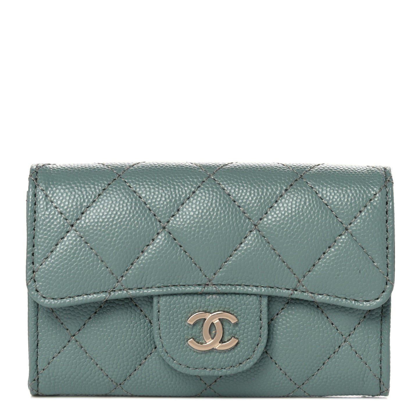 Caviar Quilted Flap Card Holder Wallet Dark Green