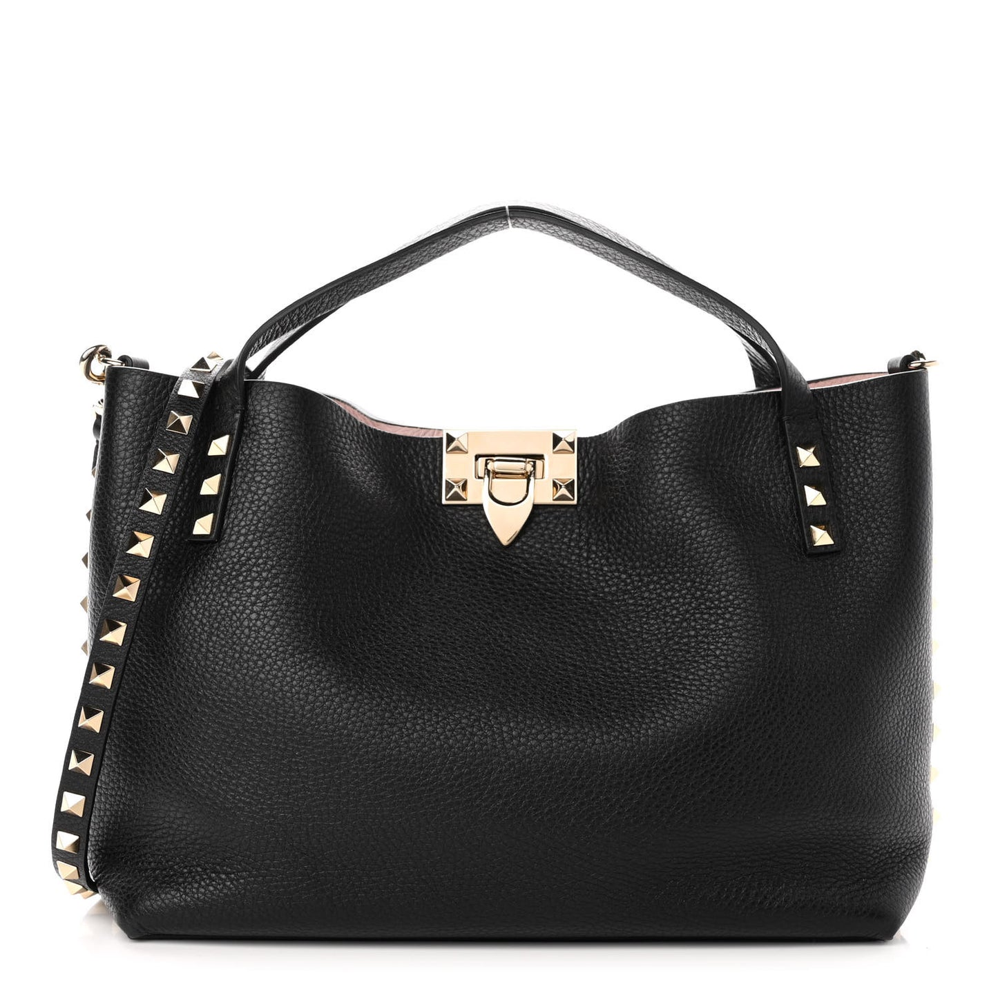 Grained Calfskin Small Rockstud Flip Lock Tote Black Rose Quartz