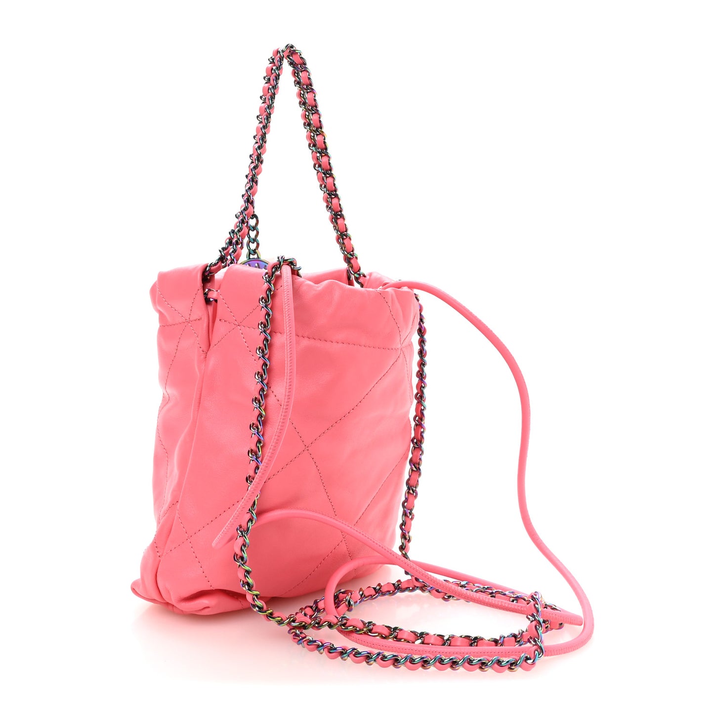 Shiny Calfskin Quilted Rainbow Metal Mini Chanel 22 Coral Pink