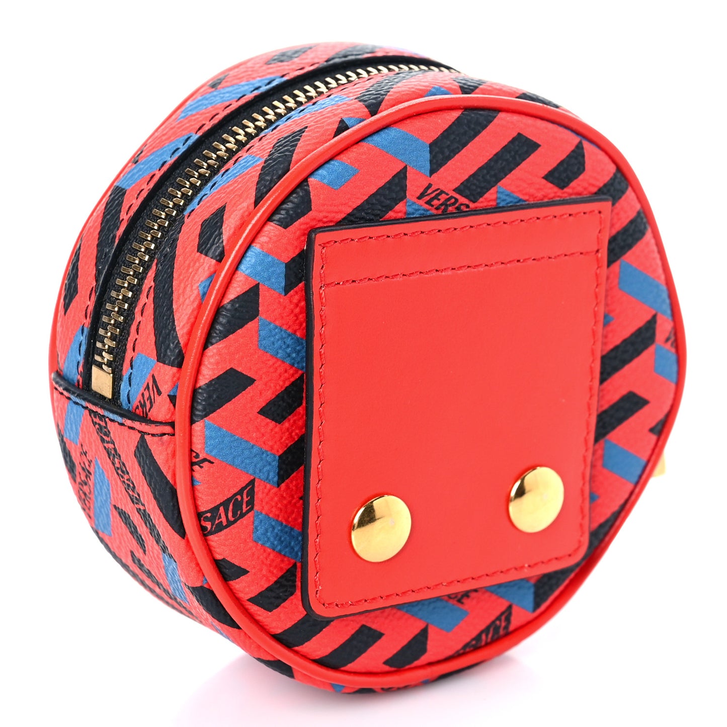 Coated Canvas Calfskin La Greca Round Zip Pouch Blue Red