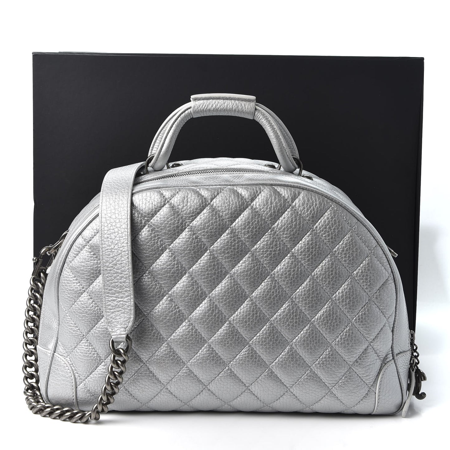 Metallic Calfskin Quilted Medium Airlines Round Trip Bowling Bag Silver
