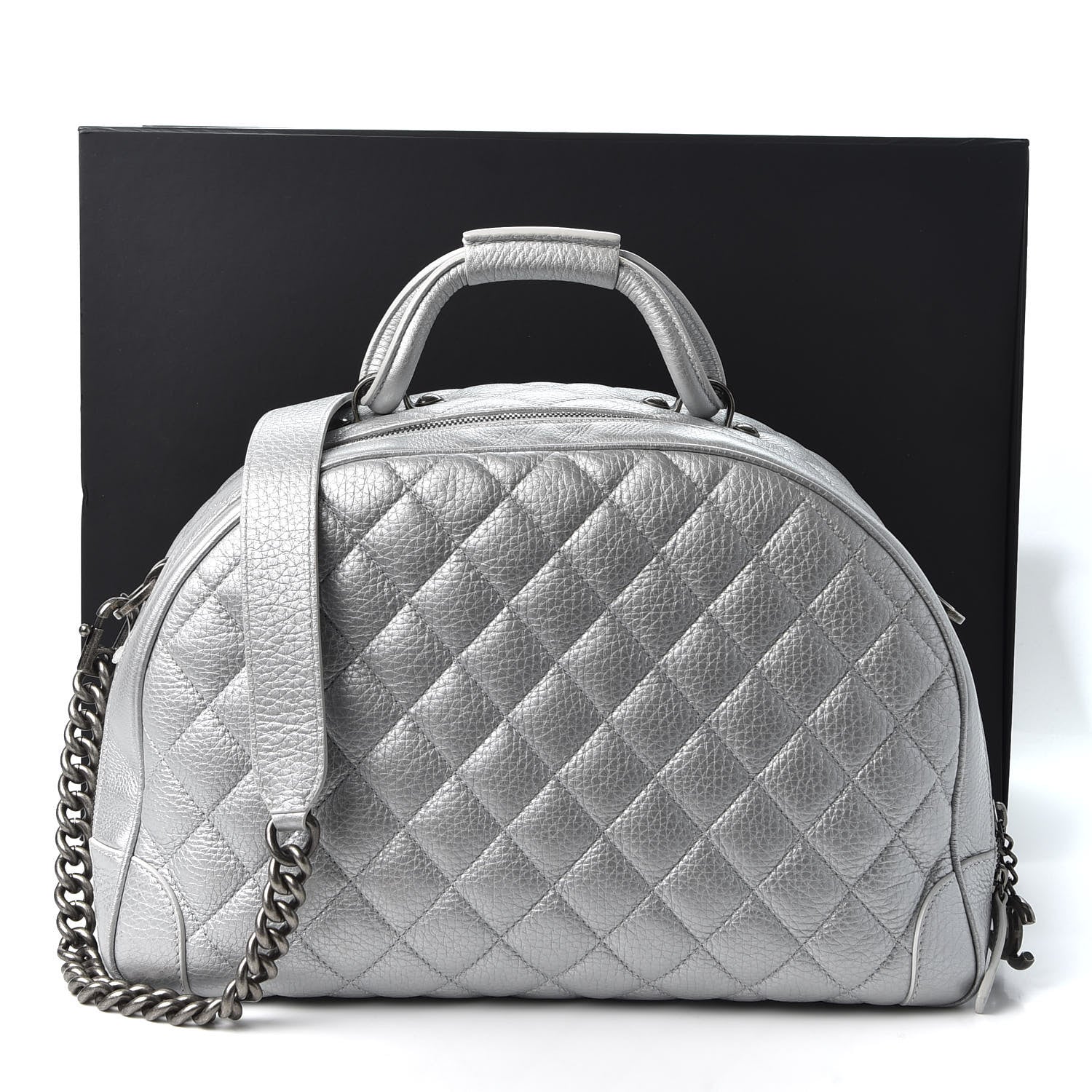 Chanel Metallic Calfskin Quilted Medium Airlines Round Trip Bowling Bag Silver 10 of 10