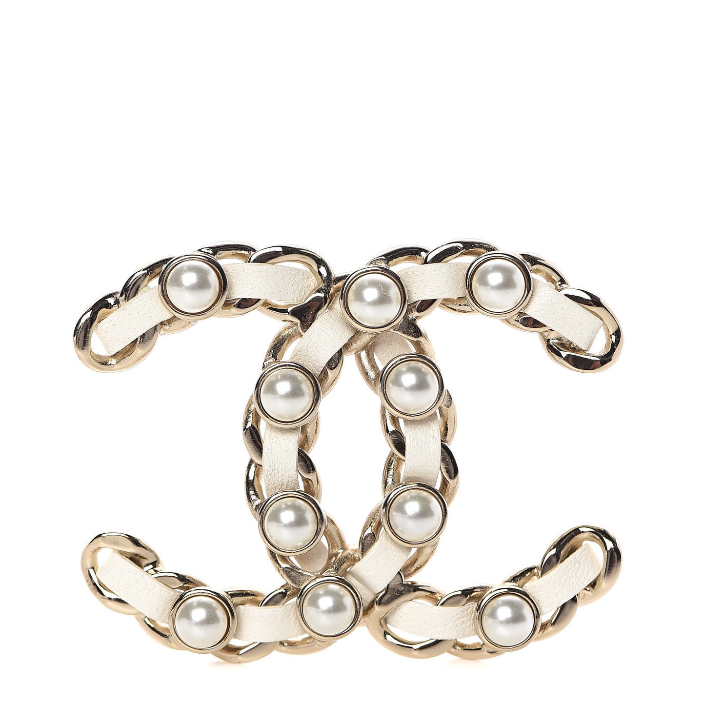 Lambskin Pearl Chain CC Brooch Gold White