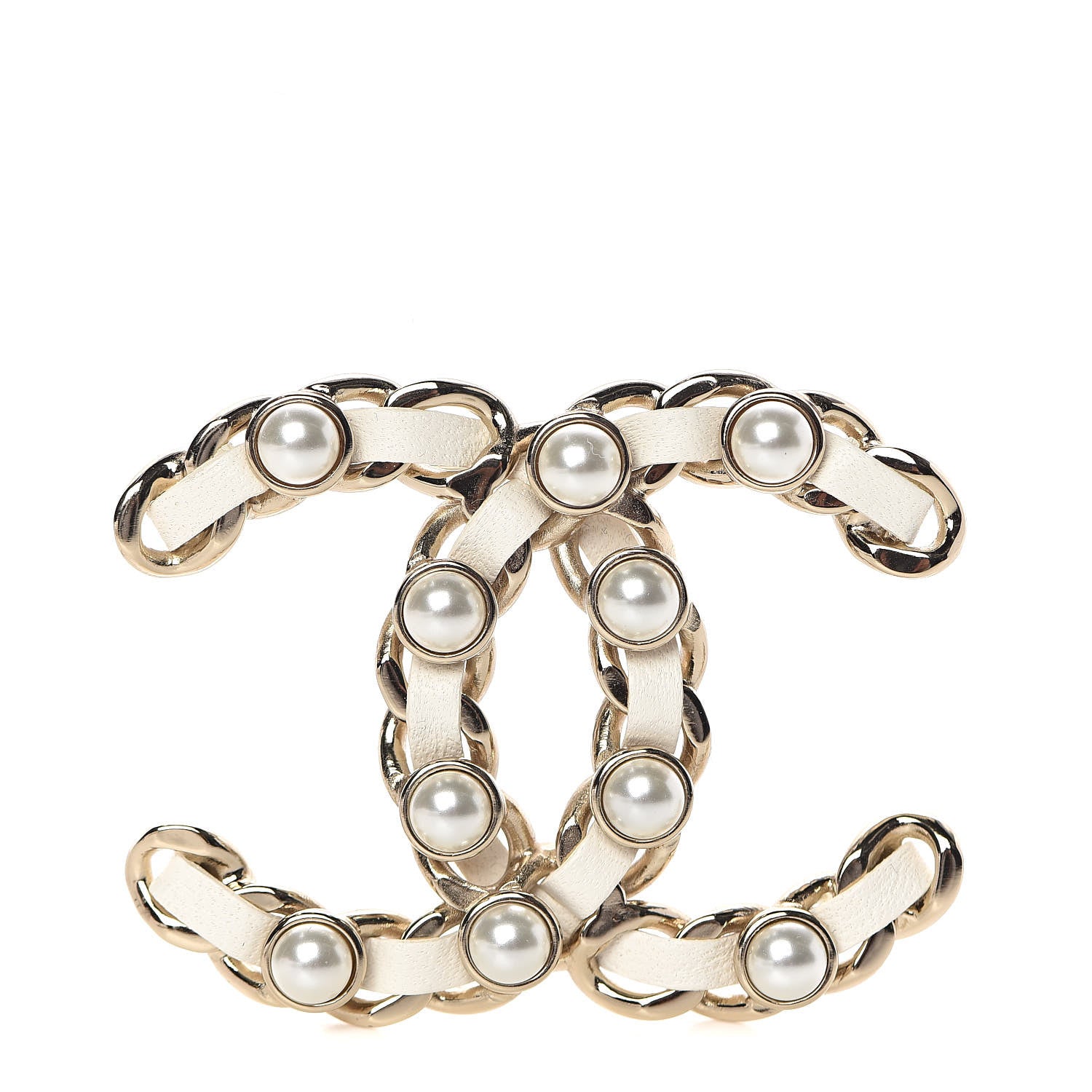 Chanel Lambskin Pearl Chain CC Brooch Gold White 1 of 5