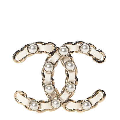 Chanel Lambskin Pearl Chain CC Brooch Gold White 1 of 5