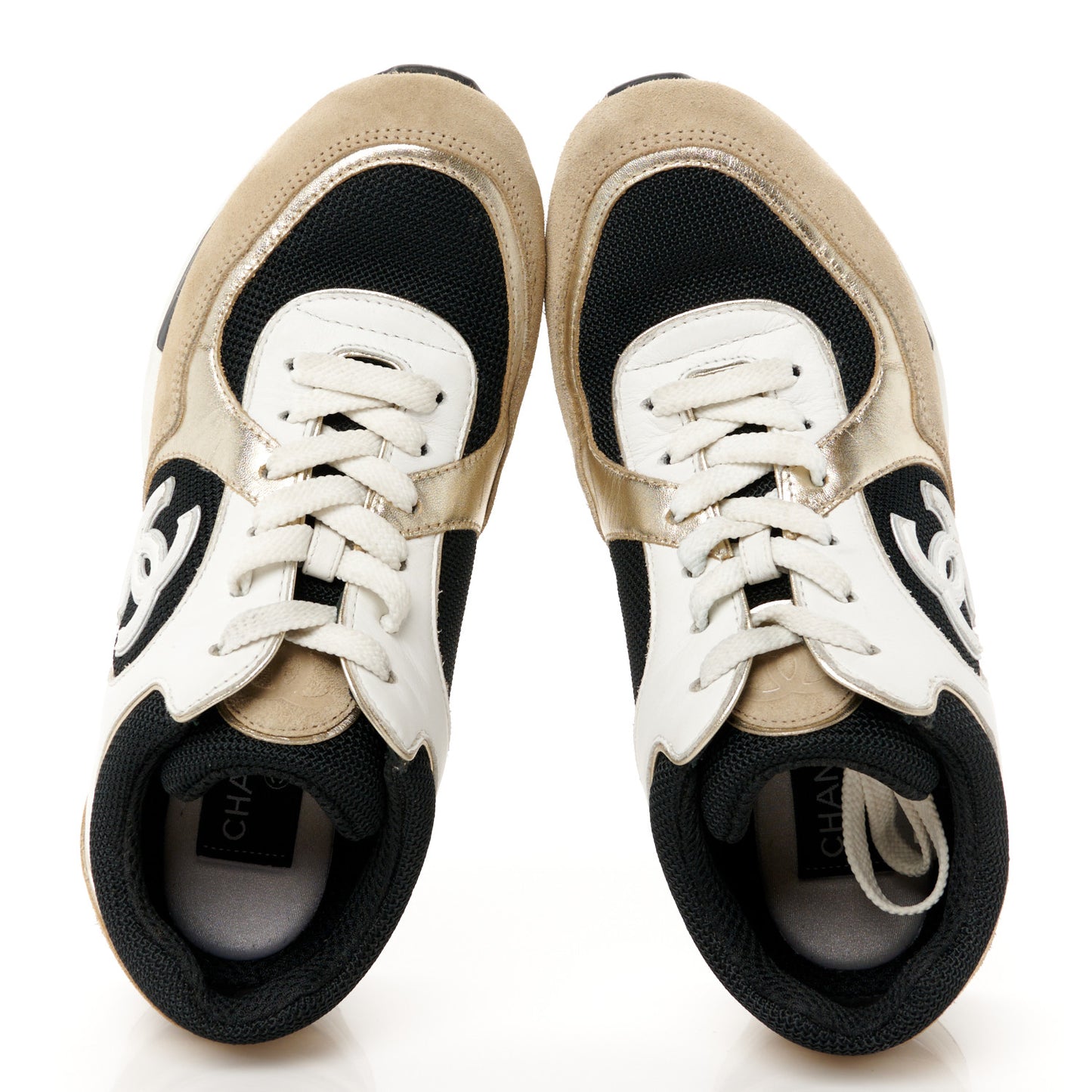 Mesh Suede Calfskin Grained Calfskin Womens CC Sneakers 37 White Black Beige Gold