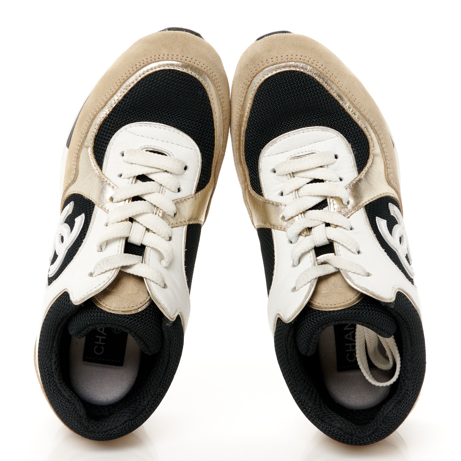 Chanel Mesh Suede Calfskin Grained Calfskin Womens CC Sneakers 37 White Black Beige Gold 2 of 9