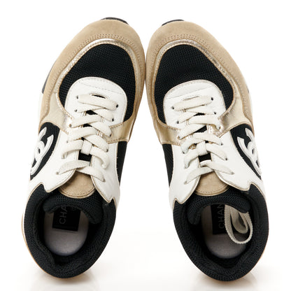 Chanel Mesh Suede Calfskin Grained Calfskin Womens CC Sneakers 37 White Black Beige Gold 2 of 9