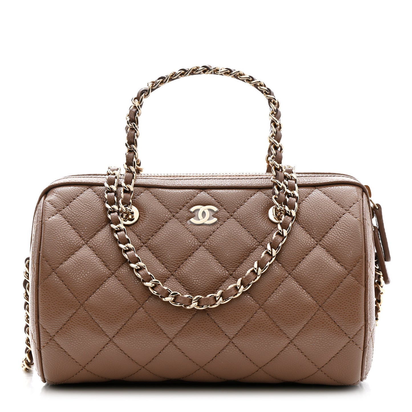 Caviar Quilted Barrel Clutch With Chain Brown