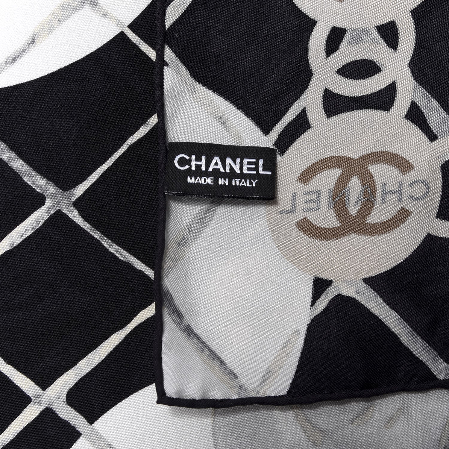 Chanel Silk CC Logo Camellia Scarf White Black 2 of 3