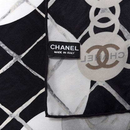 Chanel Silk CC Logo Camellia Scarf White Black 2 of 3