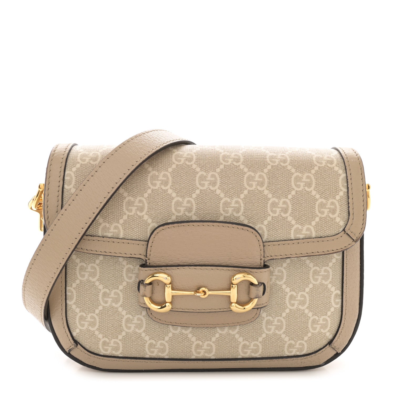 Gucci GG Supreme Monogram Textured Dollar Calfskin Web Mini Horsebit 1955 Shoulder Bag Beige Mystic White Oatmeal 1 of 19
