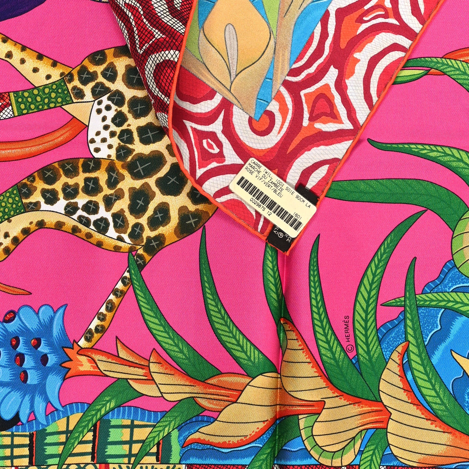 Hermes Silk La Marche Du Zambeze Scarf 90 Rose Vif Rose Vif Vert Bleu 2 of 3