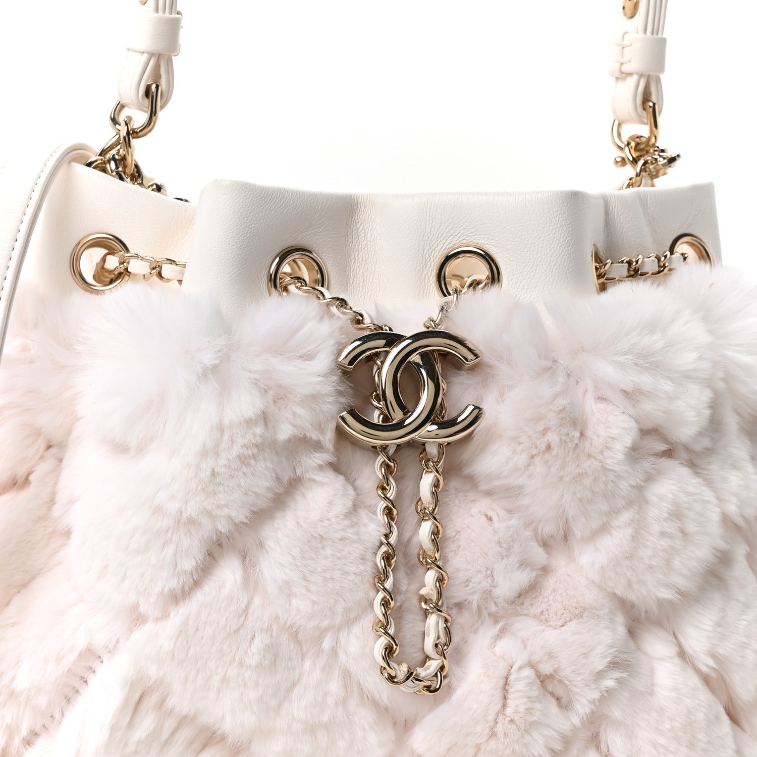 Chanel Calfskin Fur Quilted Chain Drawstring Bucket Bag White 8 of 10