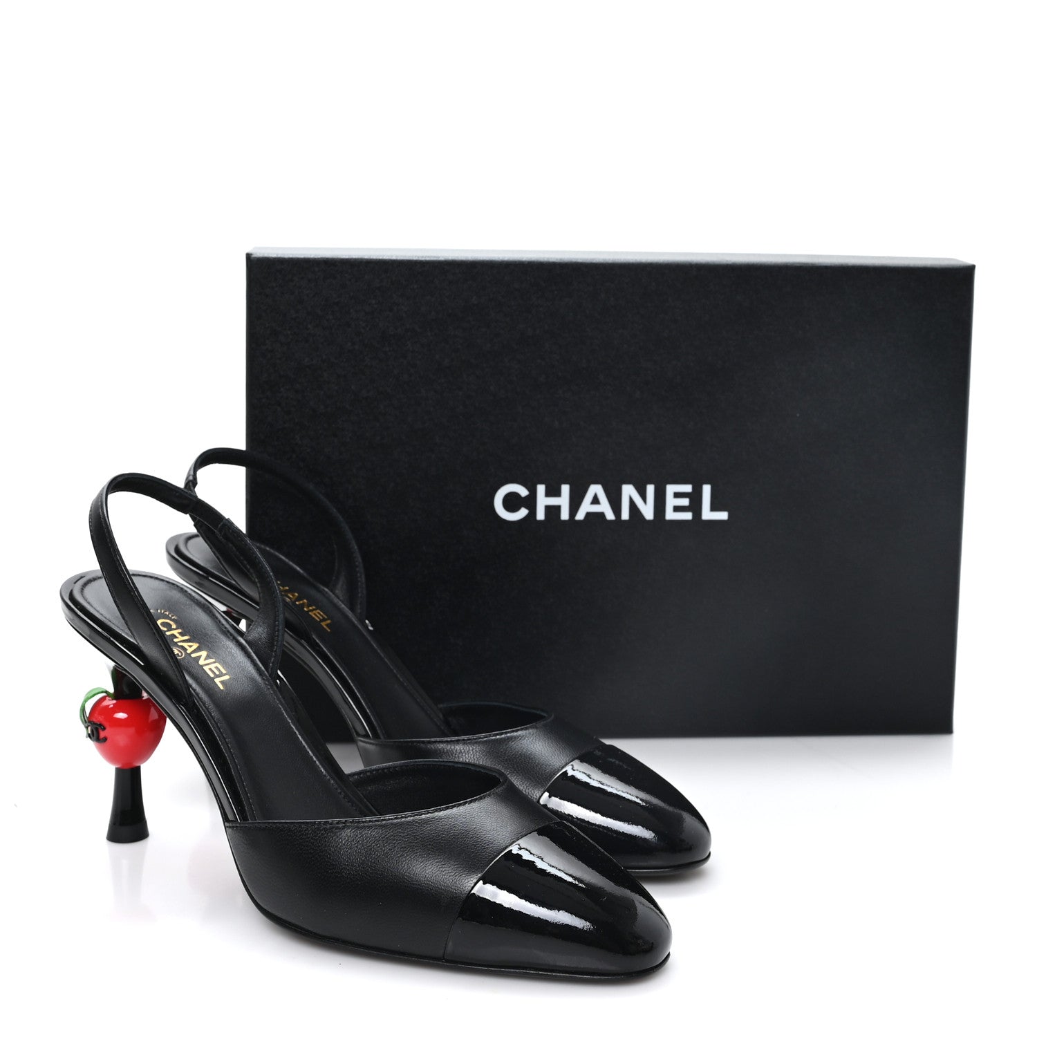 Chanel Lambskin Patent Cap Toe CC Apple Slingback Pumps 38.5 Black 10 of 10