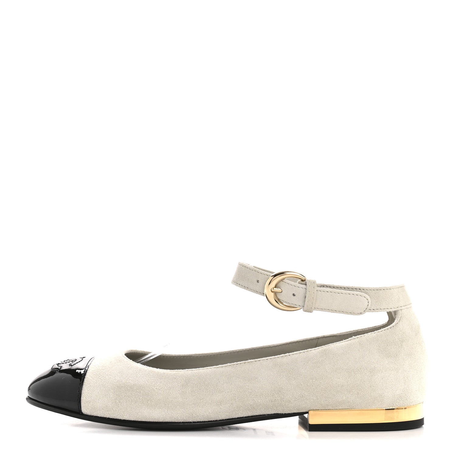 Chanel Suede Calfskin Patent Calfskin Cap Toe CC Mary Jane Flats 36.5 Light Gray Black 1 of 10