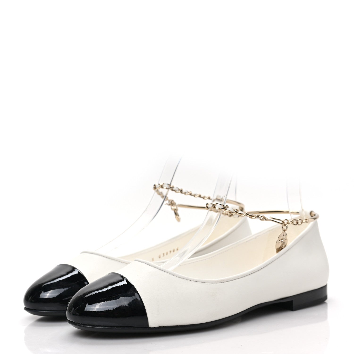 Chanel Lambskin Patent Calfskin Cap Toe Ankle Chain Ballerina Flats 38 White Black 3 of 8