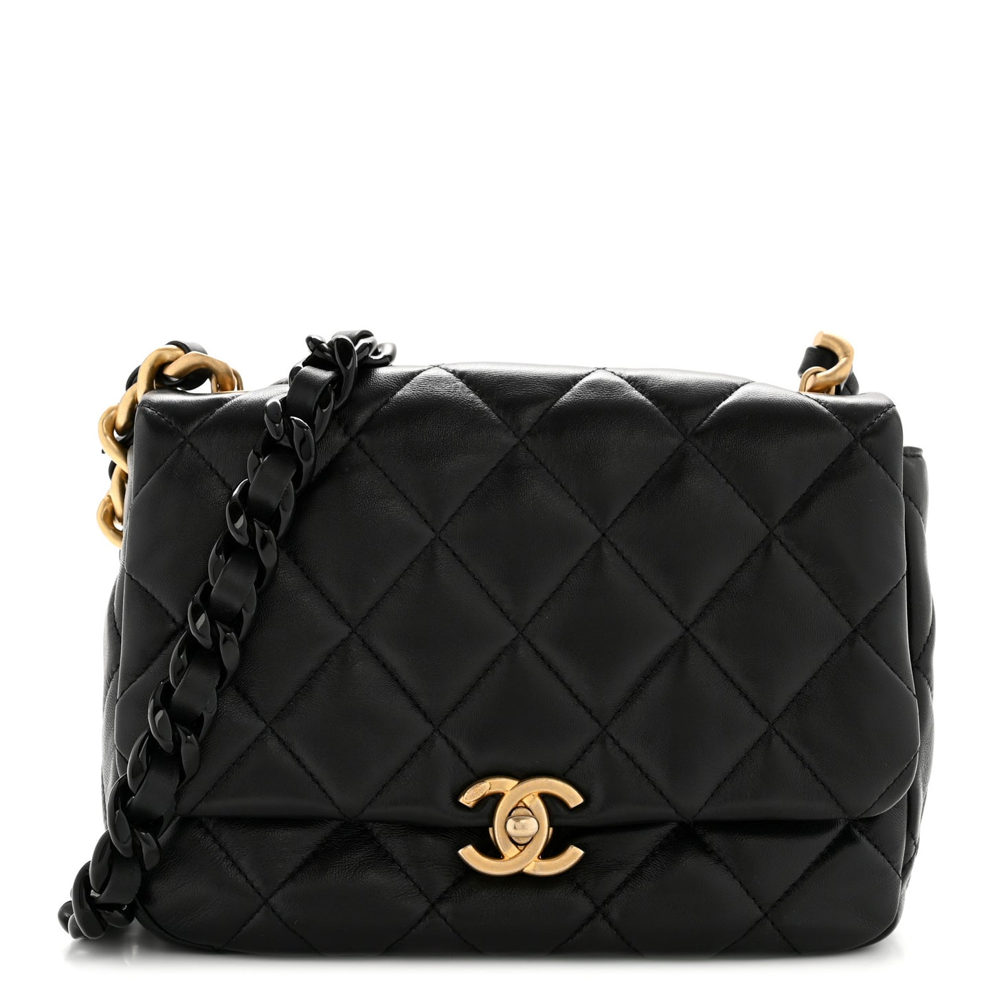 Lambskin Quilted Small Lacquered Chain Flap Black