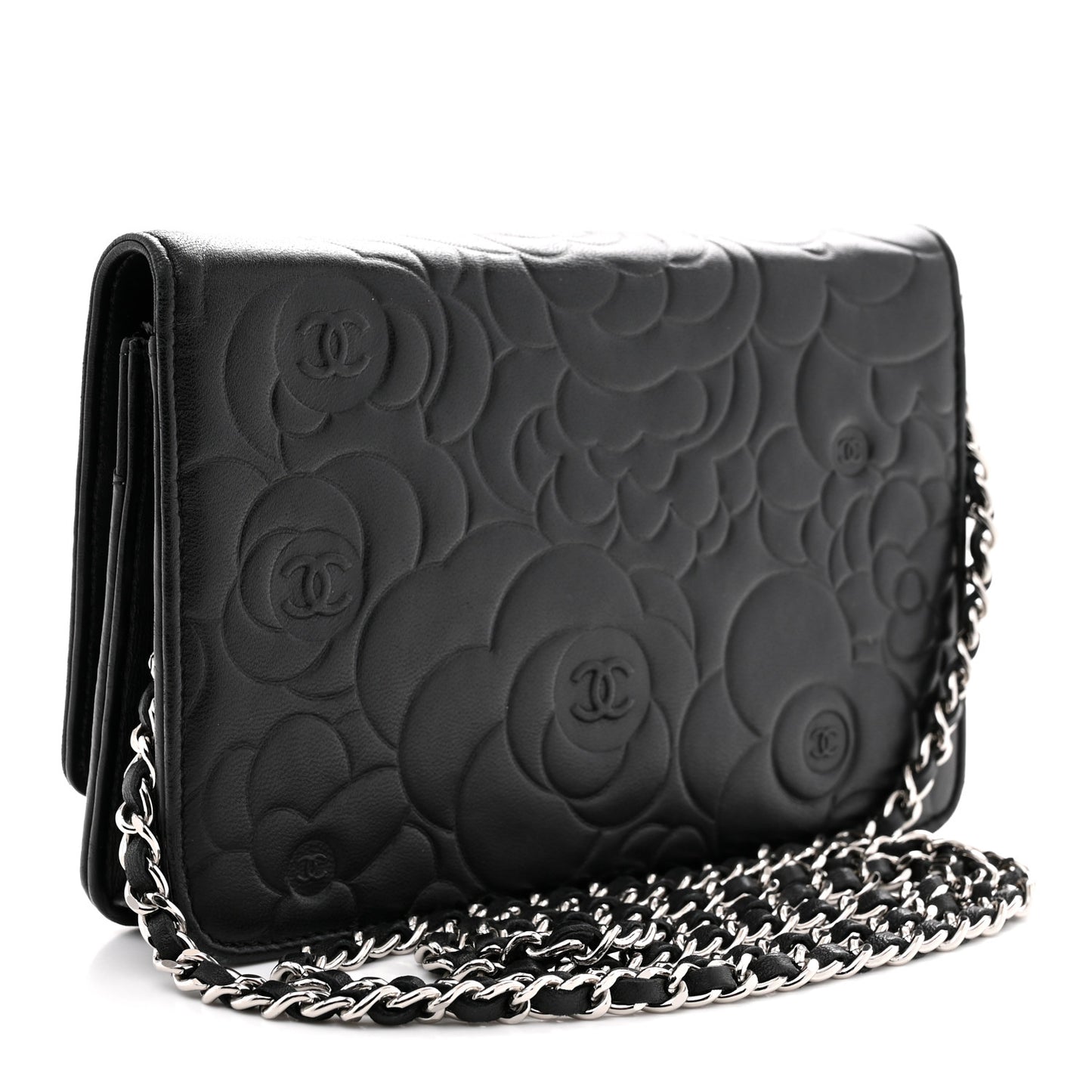 Lambskin Camellia Embossed Wallet On Chain WOC Black