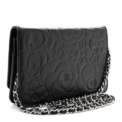 Chanel Lambskin Camellia Embossed Wallet On Chain WOC Black 3 of 15