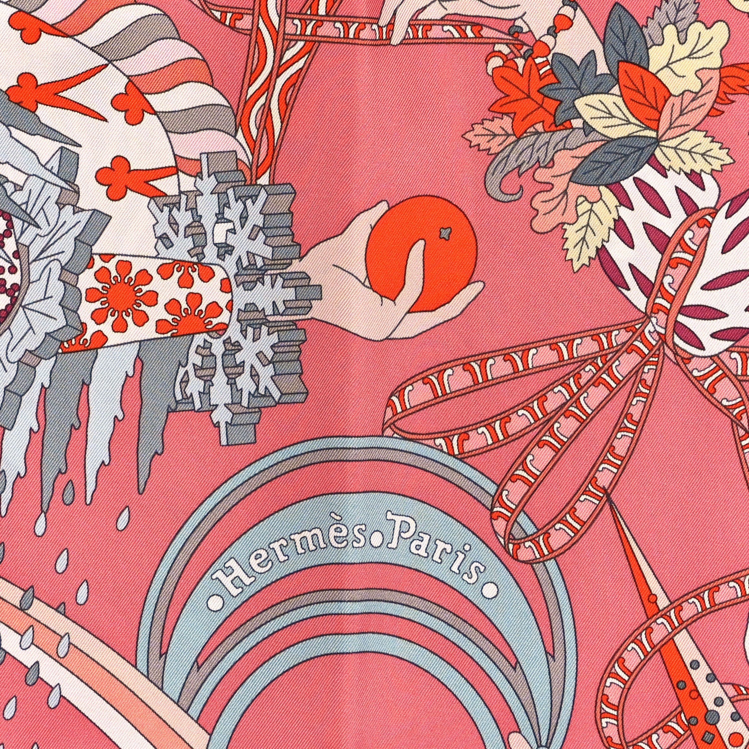 Hermes Silk Le Sacre Des Saisons Scarf 90 Vieux Rose Gris Bleute Orange 2 of 5