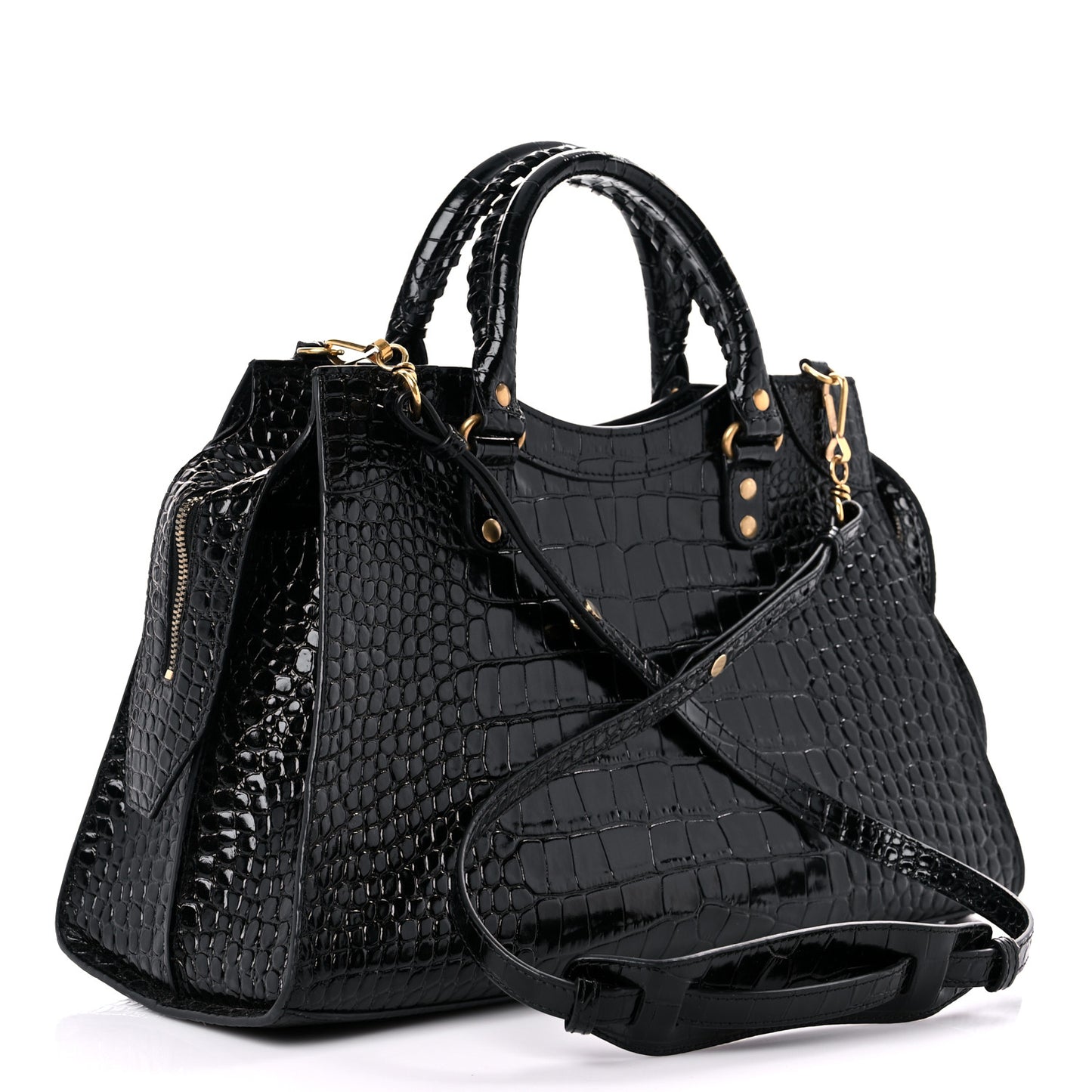Shiny Supple Calfskin Crocodile Embossed Brass Hardware Neo Classic City Black